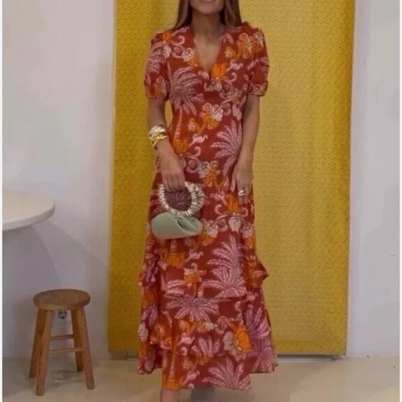 Zara boho tropical printed tiered midi dress blogger favorite - Picture 1 of 9